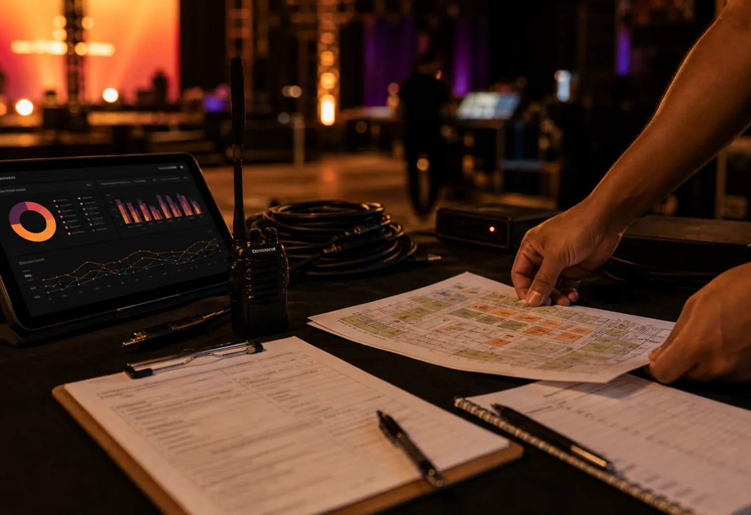 Event team reviewing information during a live experience