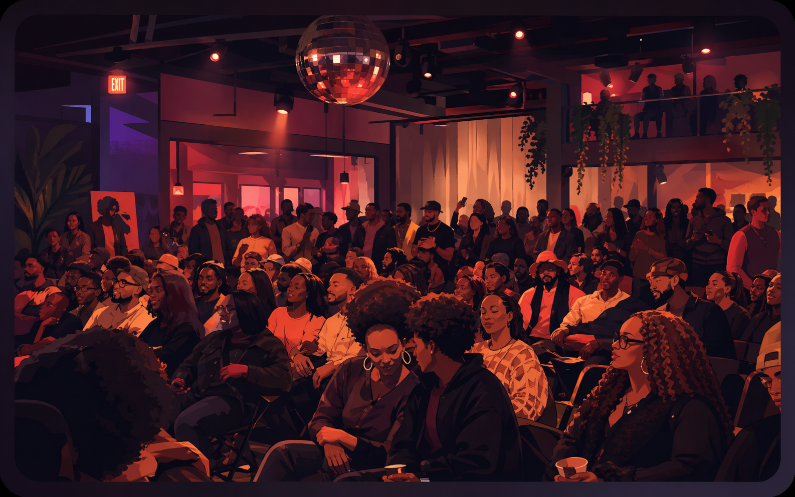 Beats and Ballads Atlanta 2025, full room under a disco ball in warm red light